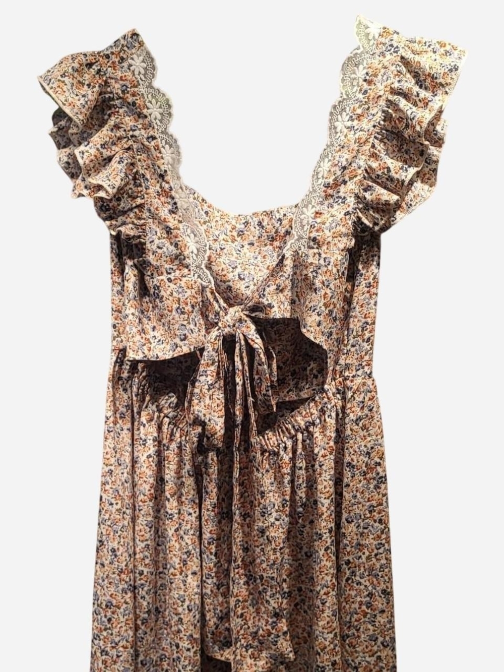 Floral Ruffle Tie-Front Women's Dress in Cream and Brown